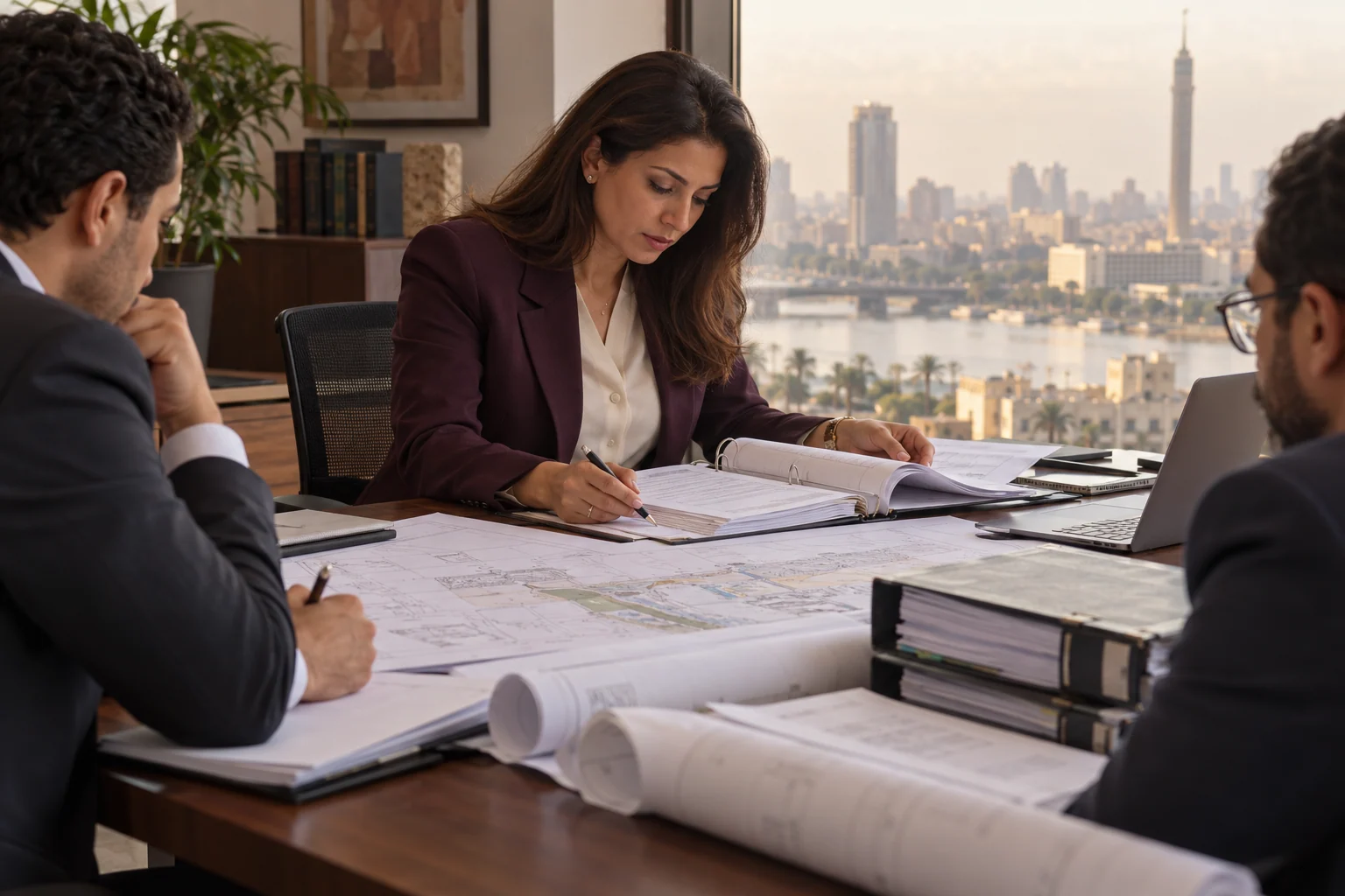 محامية تحكيم مصرية تراجع مستندات فنية لمشروع إنشاء