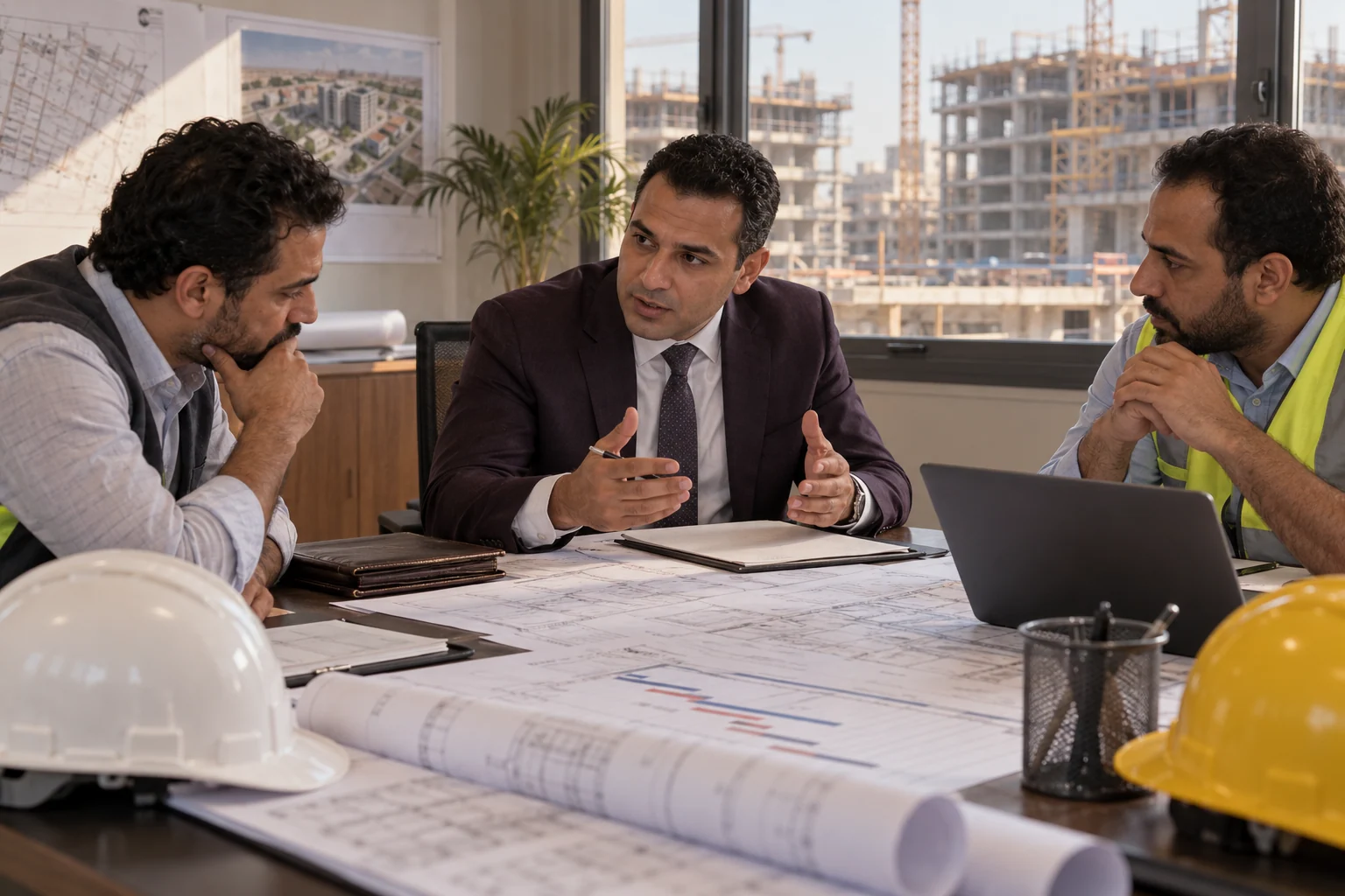 اجتماع محامي إنشاءات مع مهندس ومدير مشروع مصريين