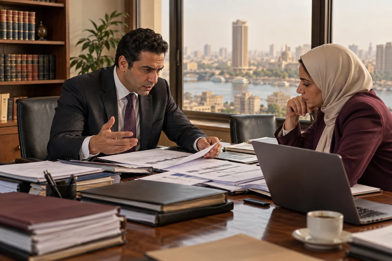 محامٍ مصري يرتب أدلة نزاع تجاري في غرفة عمل قانونية