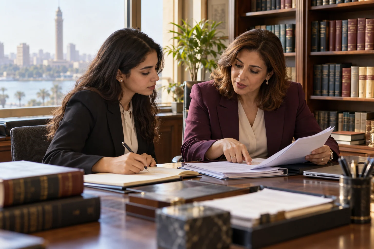 محامية مصرية تراجع مسودة قانونية مع متدرب جديد