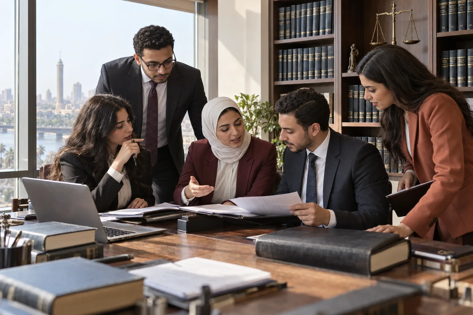 فريق من المحامين والمتدربين المصريين يعمل معًا
