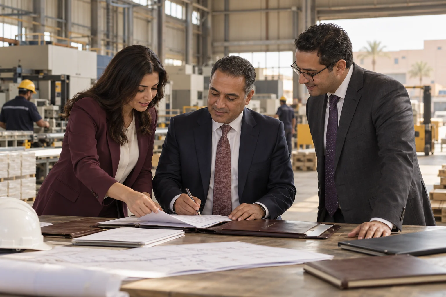 إدارة شركة وممول ومحامٍ يراجعون تمويل توسع داخل منشأة مصرية