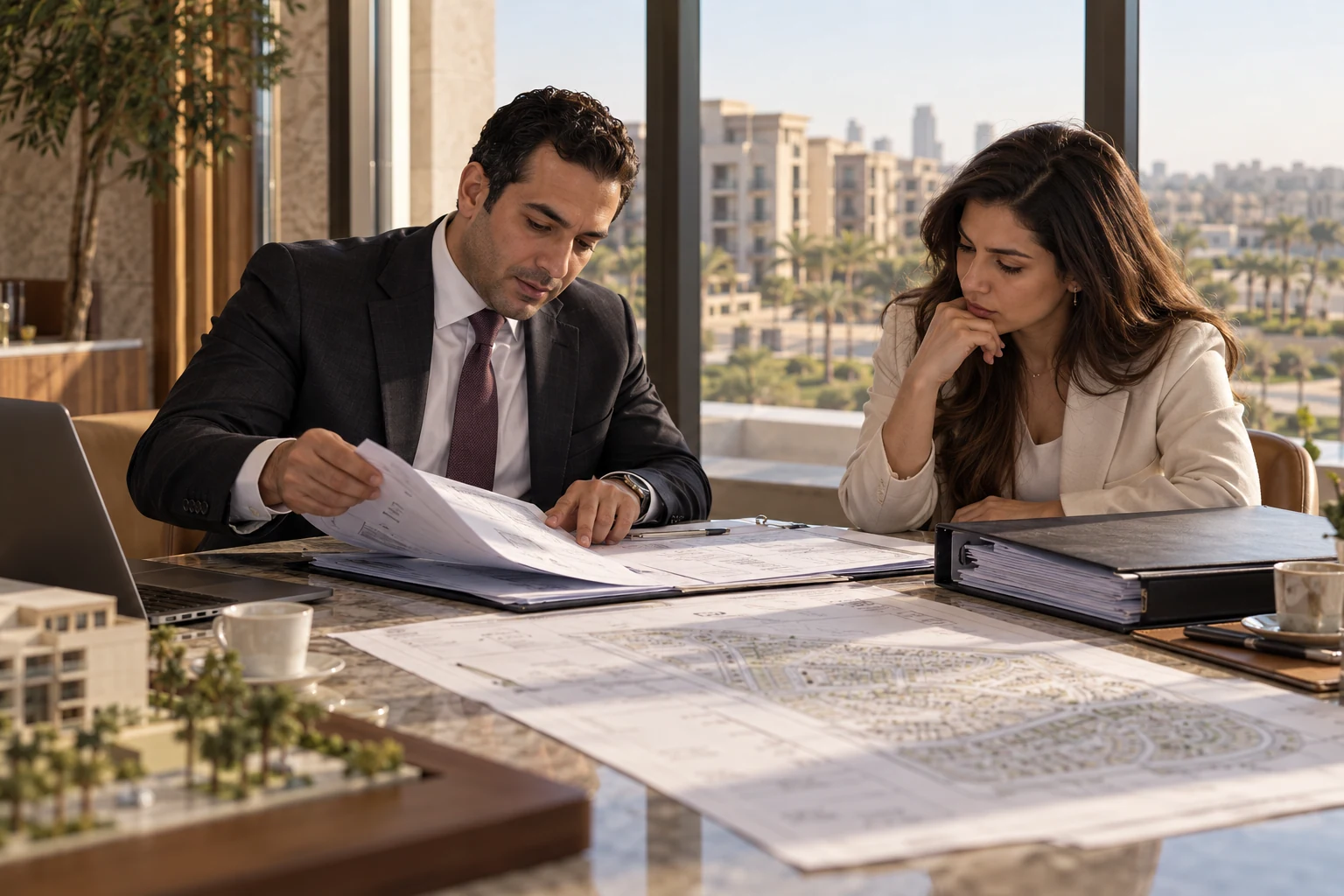 محامٍ عقاري مصري يفحص مستندات ملكية ومخطط تطوير بالقاهرة الجديدة