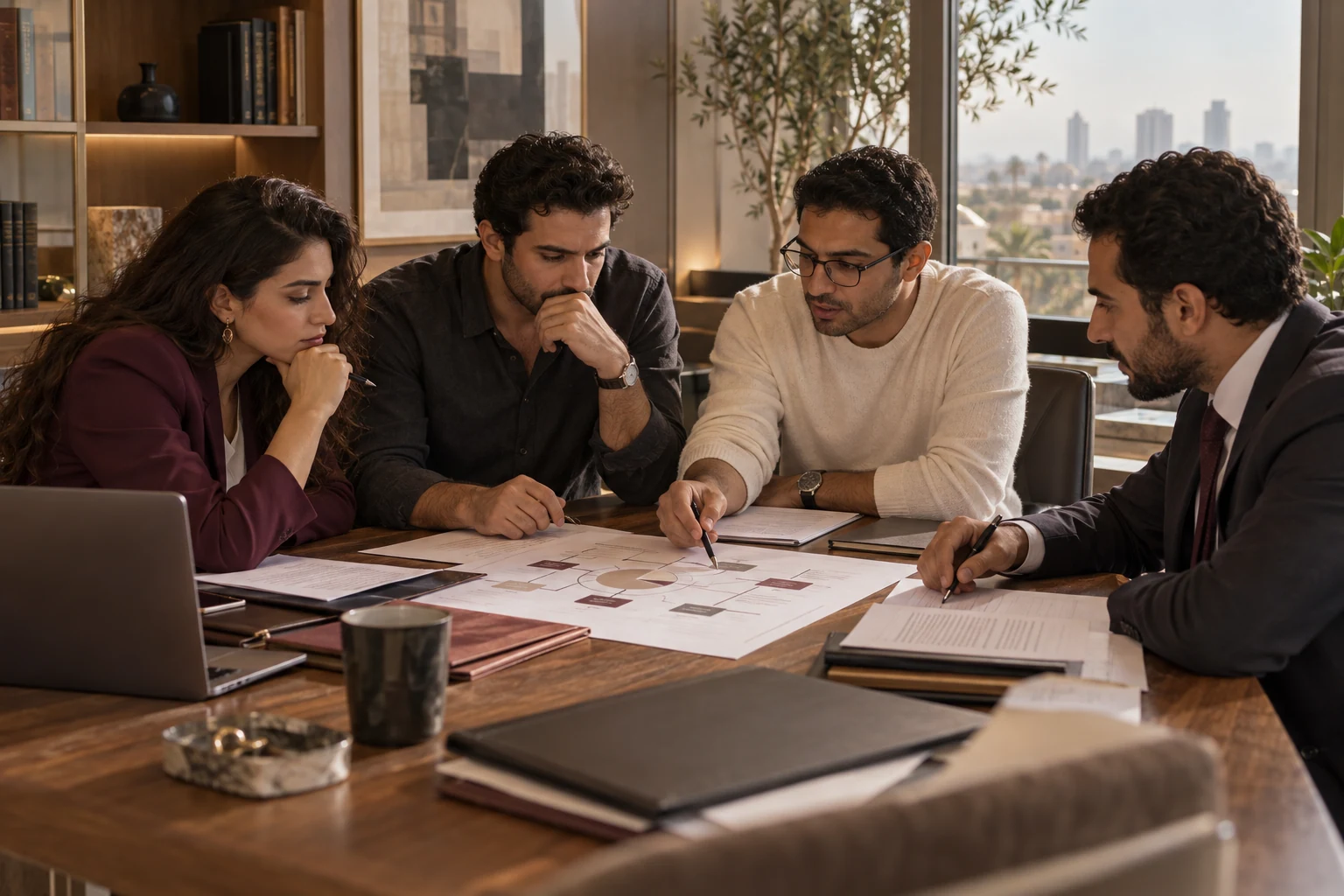مؤسسون مصريون ومحامية يراجعون اتفاق الشركاء قبل دخول مستثمر