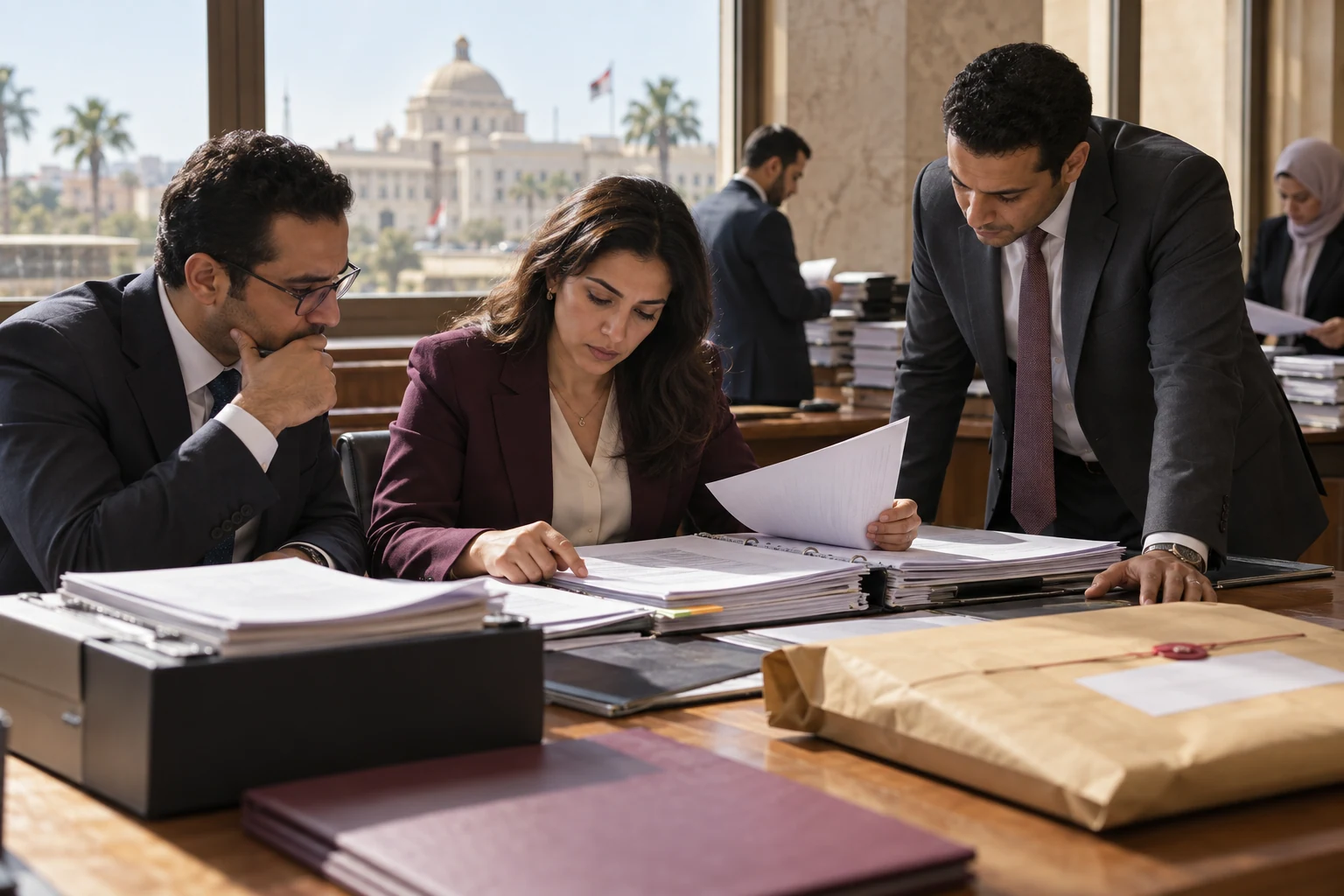 محامو مشتريات يراجعون مستندات عطاء حكومي قبل التقديم