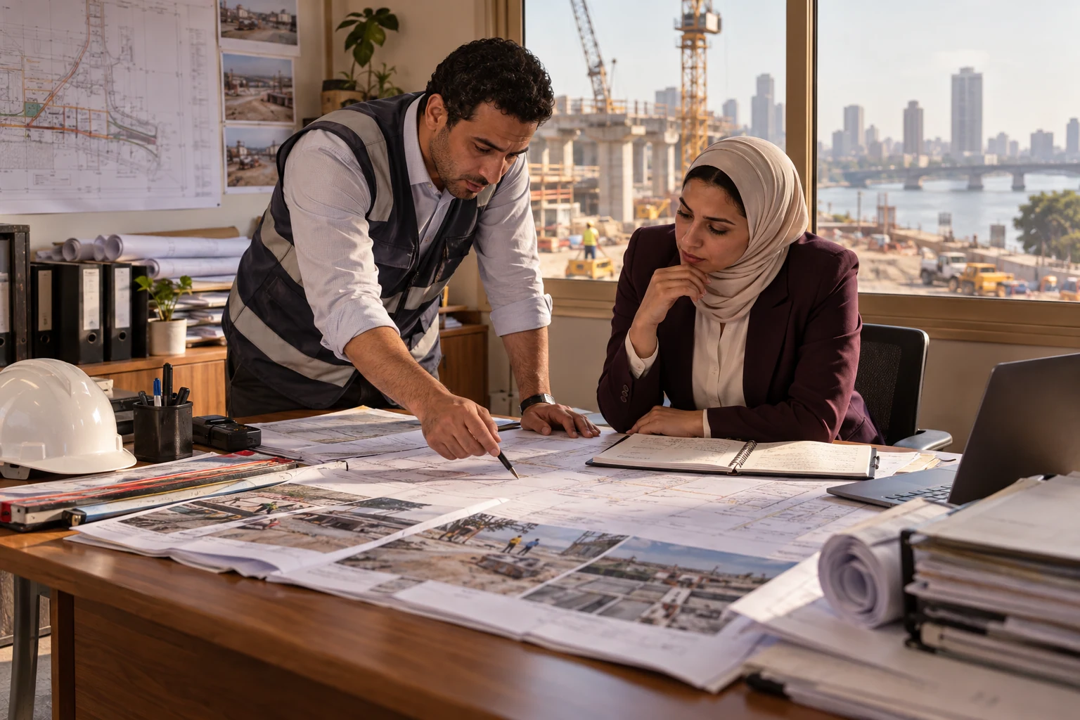 مهندس ومحامي إنشاءات يراجعان رسومات وأوامر تغيير داخل موقع مصري