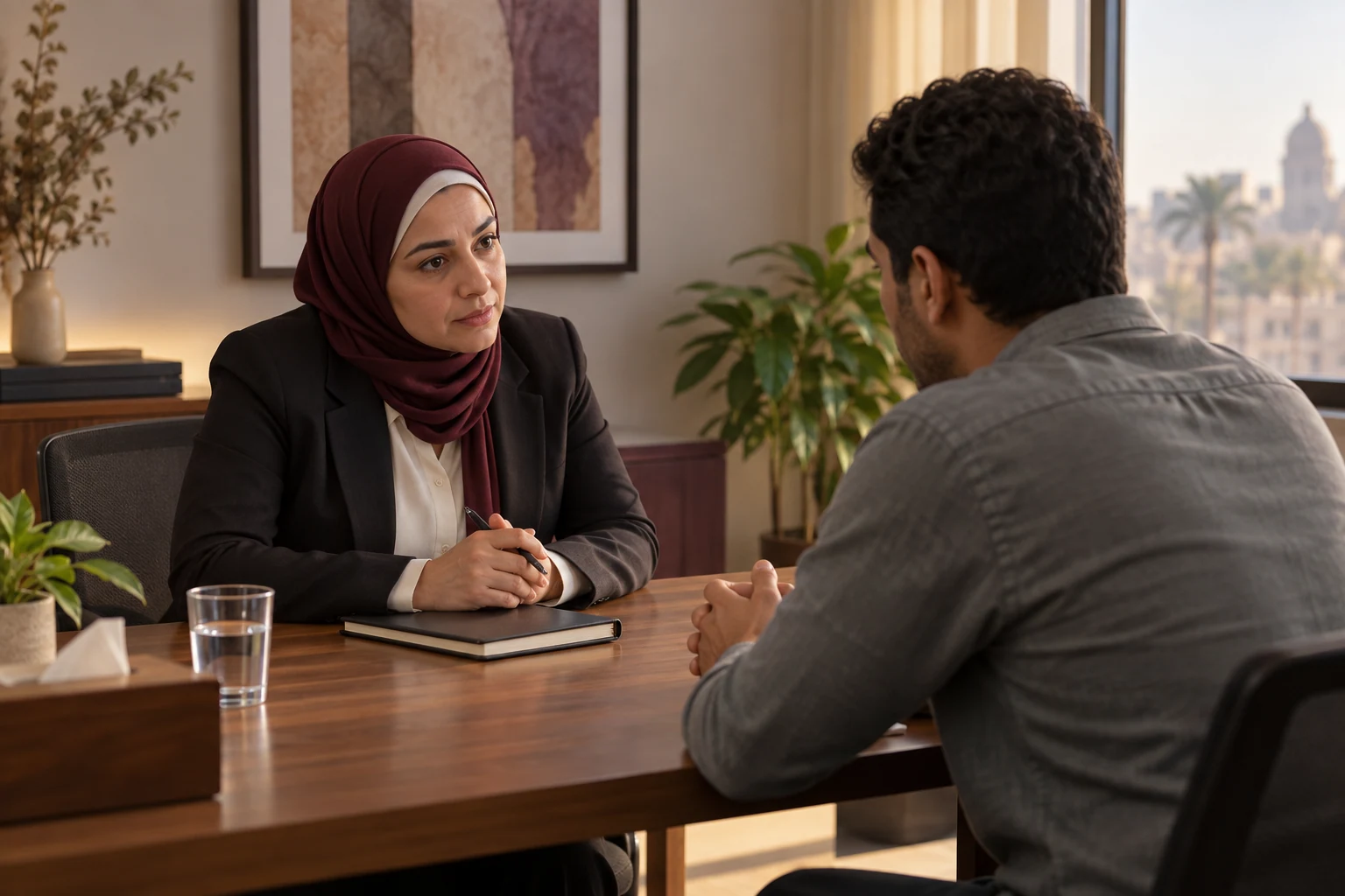 محقق محايد يجري مقابلة عمل سرية داخل شركة مصرية